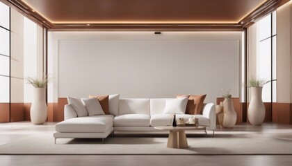 White sofa against terra cotta marble stone paneling wall with copy space. Minimalist home interior