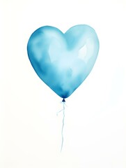 Drawing of a Heart shaped Balloon in cyan Watercolors on a white Background. Romantic Template with Copy Space