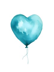 Drawing of a Heart shaped Balloon in cyan Watercolors on a white Background. Romantic Template with Copy Space