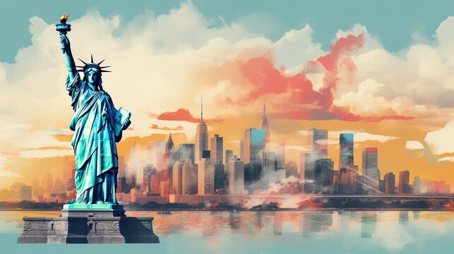Statue of Liberty And City in Watercolour Style