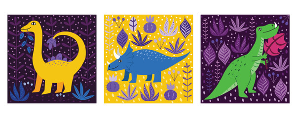 Set with three square shape cards with cute different dinosaurs. Hand drawn childish vector illustration © Daria