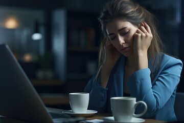 A woman sitting at a table with a laptop and a cup of coffee. This image can be used to represent remote work, freelance work, or studying with a cozy atmosphere