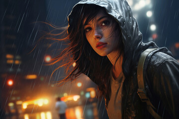 A girl walks along an empty street of a metropolis in the pouring rain, the girl in a hoodie is very wet