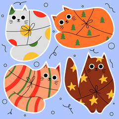 Set stickers with gift in the form of cats. Gifts set packaging and decoration, original design, giving gifts in celebration. Cake, candy, bag, bow, gift wrapping.