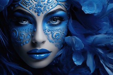 A close-up photograph showcasing a woman with stunning blue makeup. Perfect for beauty and fashion editorials, makeup tutorials, and cosmetic advertisements