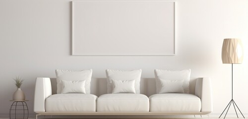 Close-up of an empty white frame on a light wall, contrasting a creamy sofa for a tranquil atmosphere