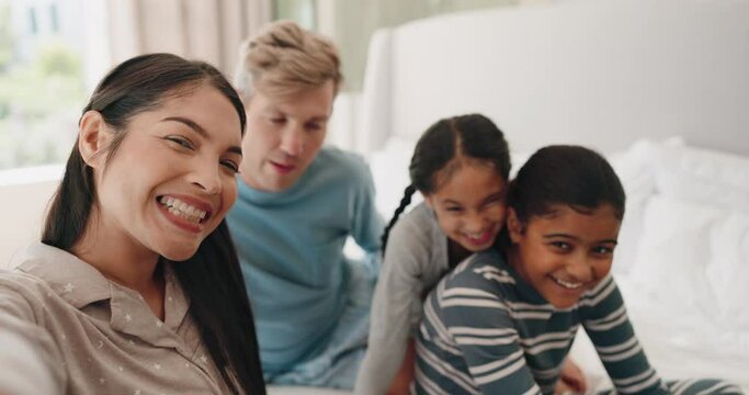 Funny face, selfie and family in home bedroom, bonding and laugh together. Profile picture, happy and parents with kids, interracial mother and dad with photo portrait for social media after adoption
