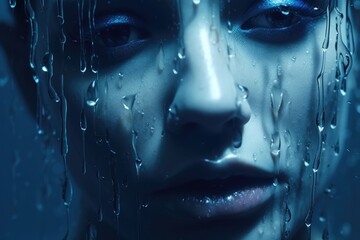 A close up of a woman's face being drenched in rain. This image can be used to depict emotions, such as sadness, solitude, or resilience in difficult times