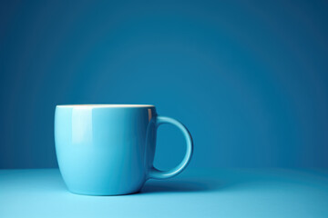 A blue coffee cup sitting on top of a table. Perfect for coffee shop promotions or home decor blogs