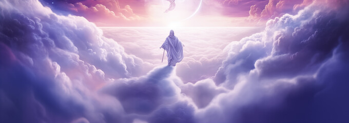 Jesus Christ In The Clouds Of Heaven sky background. Resurrected Jesus Christ ascending to heaven above the bright light sky and clouds and God, Heaven and Second Coming concept - obrazy, fototapety, plakaty