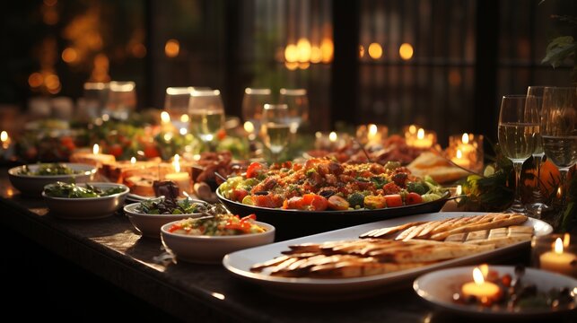 Christmas dinner table full of dishes with food and snacks. There is festive decor in the background. The table is decorated with fir branches and garland lights. feast for guests