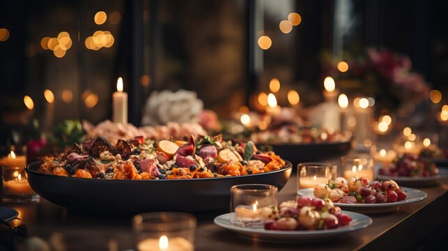 Christmas dinner table full of dishes with food and snacks. There is festive decor in the background. The table is decorated with fir branches and garland lights. feast for guests