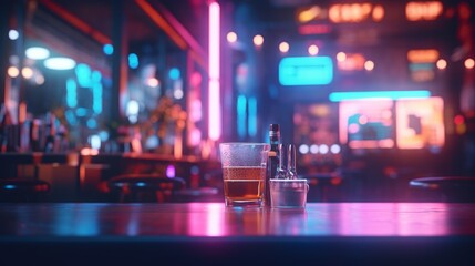 Unfocused mockup environment inspired by neon lights for product placement AI generated illustration - obrazy, fototapety, plakaty