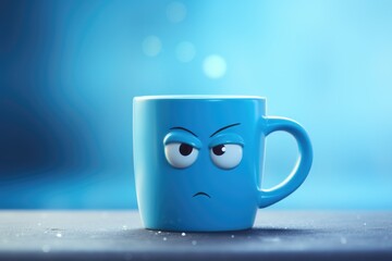 A blue coffee cup with a sad face on it. This picture can be used to depict a feeling of melancholy or to represent a bad day