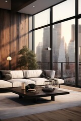 Urban apartment with floor to ceiling windows for modern furniture mockup AI generated illustration