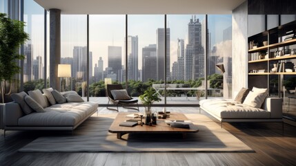 Urban apartment with floor to ceiling windows for modern furniture mockup  AI generated illustration