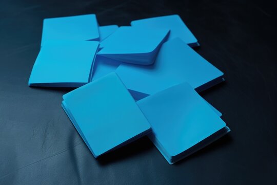 A pile of blue post-it notes sitting on top of a table. Versatile image suitable for various office and organizational concepts