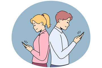 Couple standing back to back texting on cellphones online. Man and woman avoid each other using smartphones cheating on web. Vector illustration.
