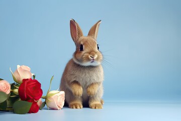 Fototapeta na wymiar Cute little bunny sitting and bouquet of roses in left corner image on pale blue background.
