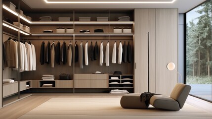 Walk-in closet with a minimalist design and neutral color palette  AI generated illustration