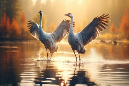 Two large birds standing in a body of water. This image can be used to depict wildlife, nature, animals, or bird habitats