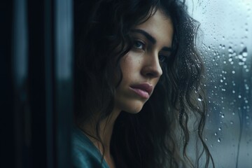 A woman is seen looking out of a window while it is raining.
