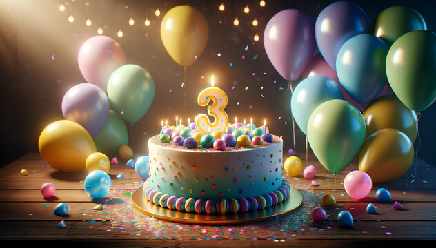 Third Birthday Party Cake with Vibrant Balloons