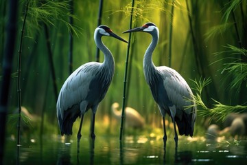Two birds standing in the water with their beaks together. 