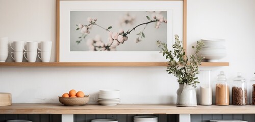Fototapeta na wymiar Cozy Scandinavian kitchen close-up with a white frame, wooden console, decorative wall rings, and vibrant flowers