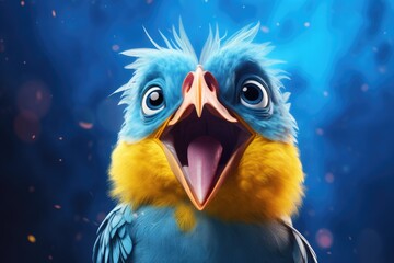 A vibrant blue and yellow bird with its mouth wide open. This image can be used to depict various concepts such as singing, communication, nature, wildlife, and vibrant colors.
