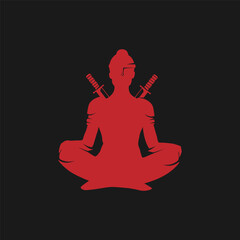 Lady warrior relaxing. Silhouette. Red on Black.