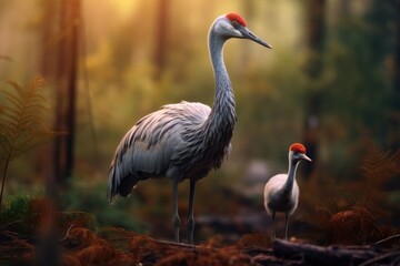 Obraz premium Two birds standing side by side in a forest. Suitable for nature-themed designs and illustrations.