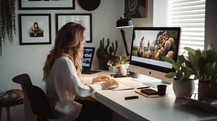 Digital artist editing a picture at her minimalistic workspace  AI generated illustration