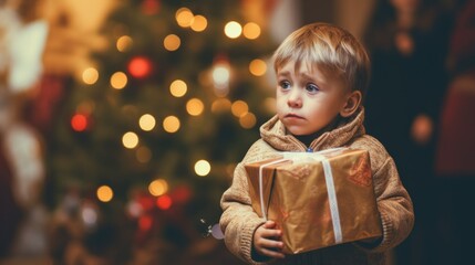 Sad disheartened boy in tears with Christmas gift, indicating upset emotions amidst holiday celebrations. Christmas Holiday expectations, childhood disappointment, Xmas gift-receiving experience - obrazy, fototapety, plakaty