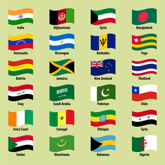 Large set of country flags in wavy style on a bright background