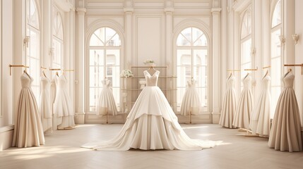 Elegant bridal shop with empty dress racks for wedding product mockup  AI generated illustration - obrazy, fototapety, plakaty
