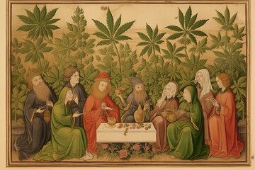 medieval manuscript with miniatures of people smoking marijuana ganja leaves background illustration - obrazy, fototapety, plakaty