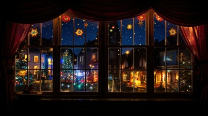 Fototapeta na wymiar View through colourful window of Christmas lit inn. vibrant stained-glass window showcasing cozy inns twinkling lights and festive decorations. festive interior, Christmas ambiance, seasonal charm.