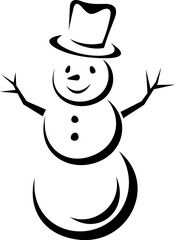 Snowman. Black and white illustration of a snowman. Christmas snowman silhouette