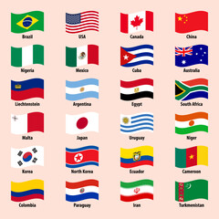 Collection of national waving flags of countries on a bright background