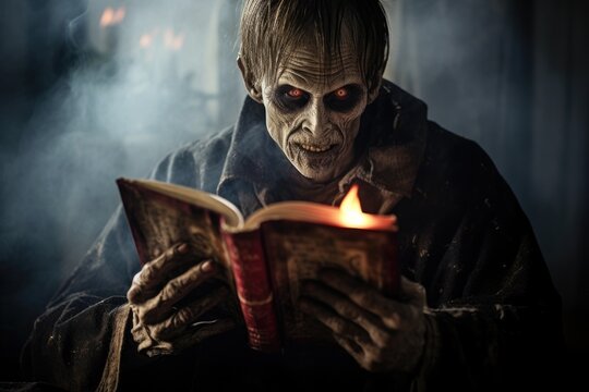 A man dressed as a skeleton is engrossed in reading a book. This image can be used to depict Halloween, horror, or a love for reading.
