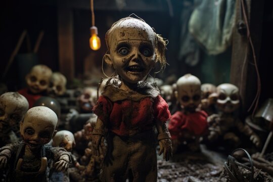 A collection of eerie dolls arranged in a room. Perfect for horror-themed projects or creating a spooky atmosphere.