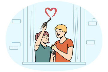 Happy couple drawing heart symbol on window excited about living together. Smiling man and woman show love symbol overjoyed with moving or relocation. Vector illustration.
