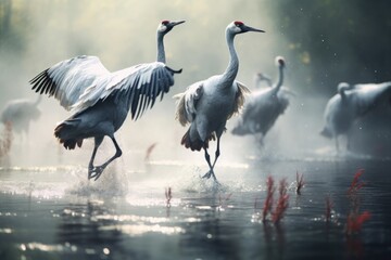 Naklejka premium A group of birds standing on top of a body of water. This picture can be used to depict wildlife, nature, or peacefulness.