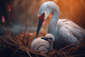 Obraz premium A picture of a large bird standing next to a baby bird in a nest. This image can be used to depict the bond between parent and child or the concept of nurturing and protection.