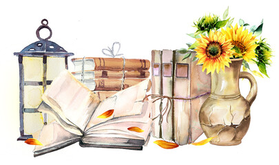 Vase with sunflowers, vintage books, retro lantern illustration. Watercolor hand painted fall composition isolated on a white background. Hello autumn design.
