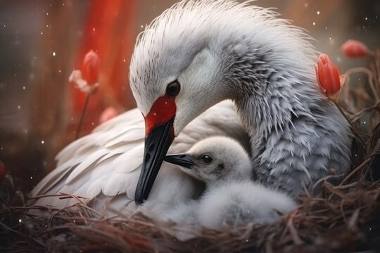 A picture of a couple of birds sitting in a nest. This image can be used to represent love, family, or the beauty of nature.