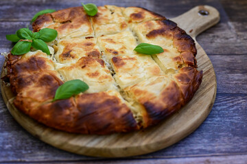 Bakery .Home made  cheese pie  with phyllo pastry and organic eggs. Bulgarian banitsa