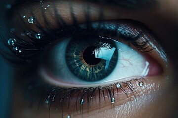 A detailed view of a person's eye with water droplets on it.  - obrazy, fototapety, plakaty