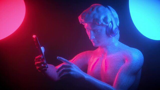 classic antique statue of David with a cellular smartphone phone in hand 3d render on blue neon background  pop art style  